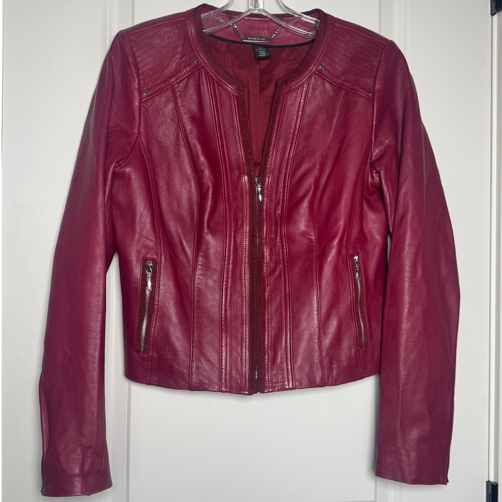White House Black Market Red Genuine Leather Quilted Moto Jacket Size S